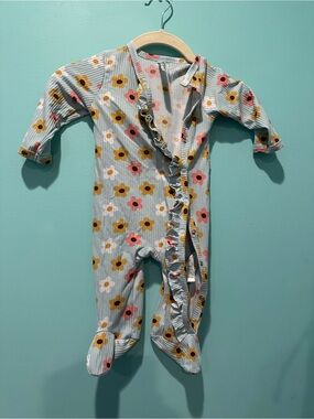 Ruffled Floral Footed One-Piece in Light Blue